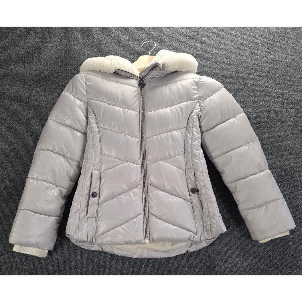 MICHAEL KORS Kids Puffer Jacket Hooded Fur Trim Silver Size 