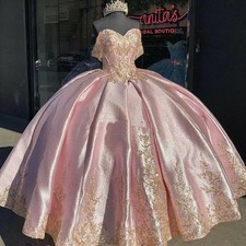 Luxury Pink Quinceanera Dresses Gold Appliques Prom Pageant Gowns Sweet 16