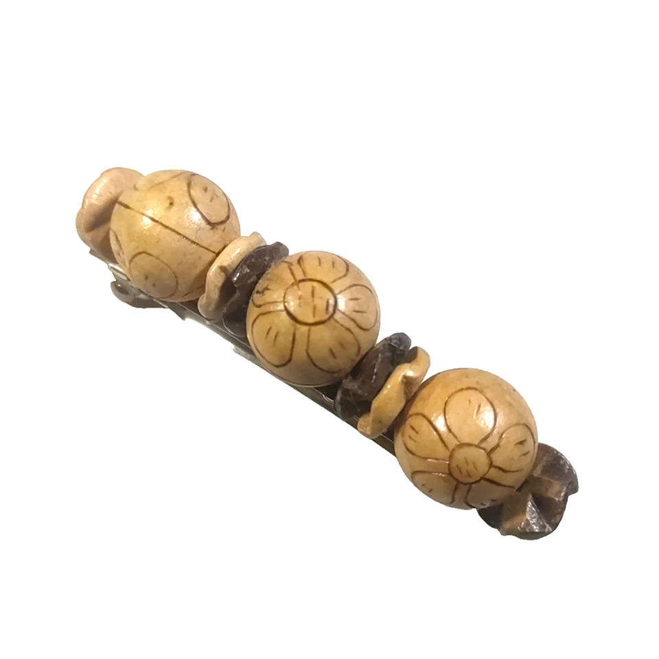 Tension Clip Hair Barrette Wooden Beaded Homemade Floral Etched - Image 3 of 4