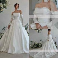 Elegant Satin Wedding Dresses Sweetheart Long Sleeves Lace Beaded Bridal Gowns