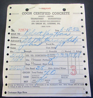 ANTIQUE -  COON CERTIFIED CONCRETE - LUZERNE,  PA -  1952  BILLHEAD