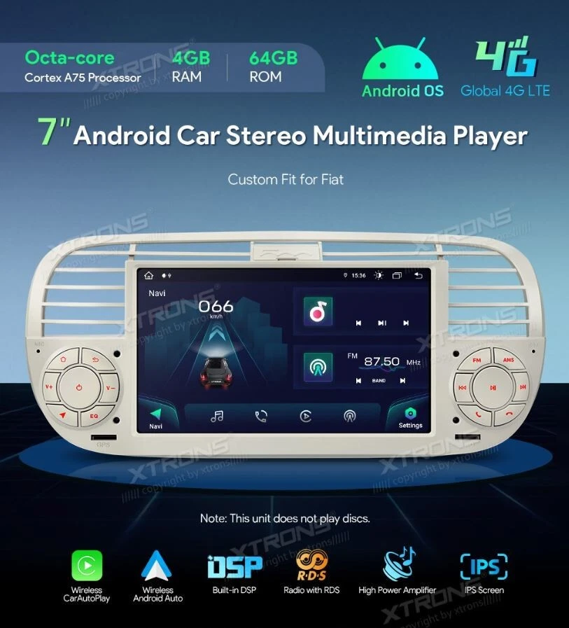 CAR TABLET BIANCO per Fiat 500 autoradio Android 14 4G RAM + 64G ROM wi-fi GPS7" - Immagine 4 di 4