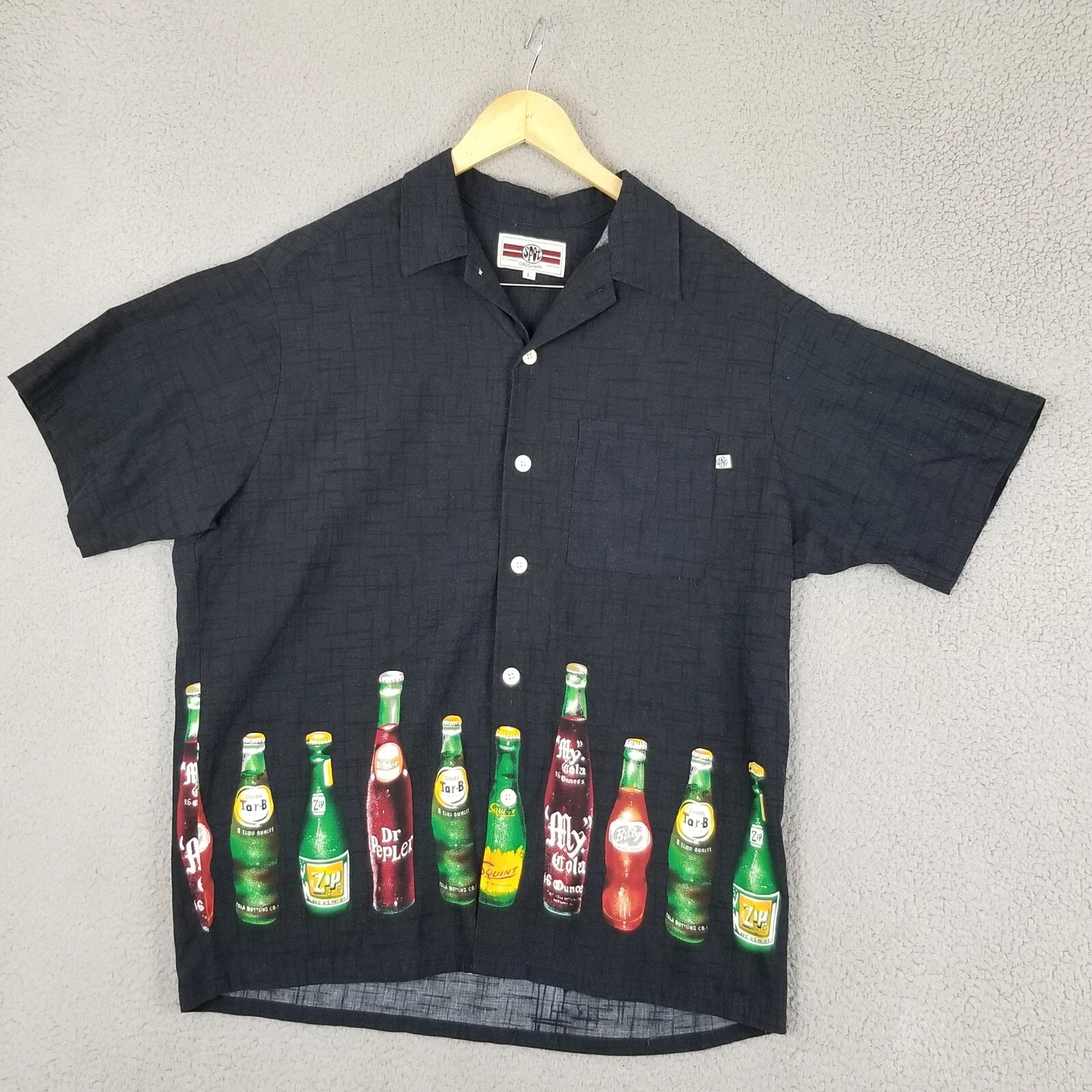 Hawaiian Shirt Soda Cola Parody Men Large Camp Spot Button Vintage 1995 USA