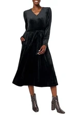 Denim & Co. Printed Velour V-Neck Midi Dress w/ Pockets Black