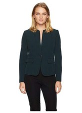 Kasper - Womens Petite Stretch Crepe 1 Button Collarless Jacket - Fir Green -12p