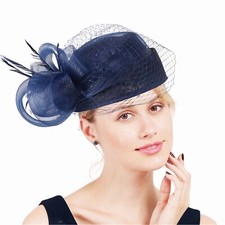Navy Sinamay Fascinator Hat Cocktail Church Hats For Women With Veil Feather