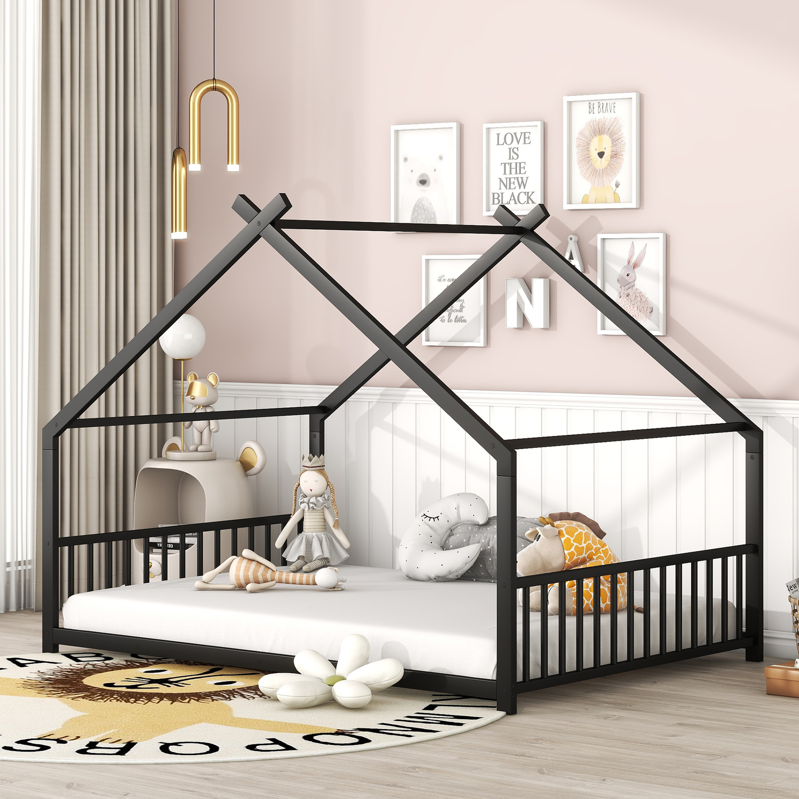 Full Size Black Metal House Bed Frame for Kids or Adults