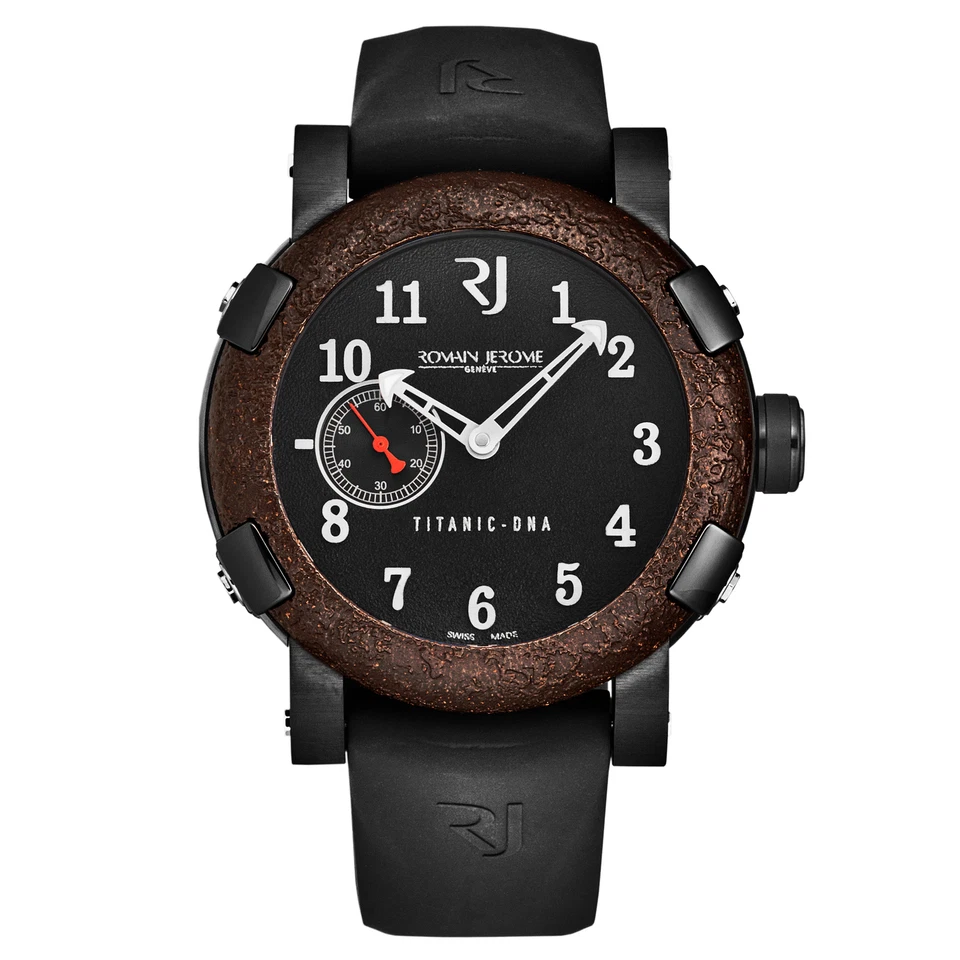 Romain Jerome relógio masculino 'Titanic' mostrador preto pulseira de borracha preta RJ.TI.AU.101.20