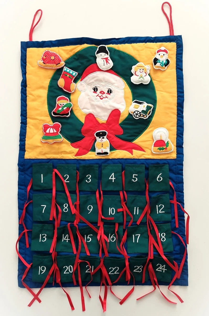 Vtg 80s Christmas Pocket Advent Calendar Big Eyed Santa Wreath Quilted  Cloth | eBay