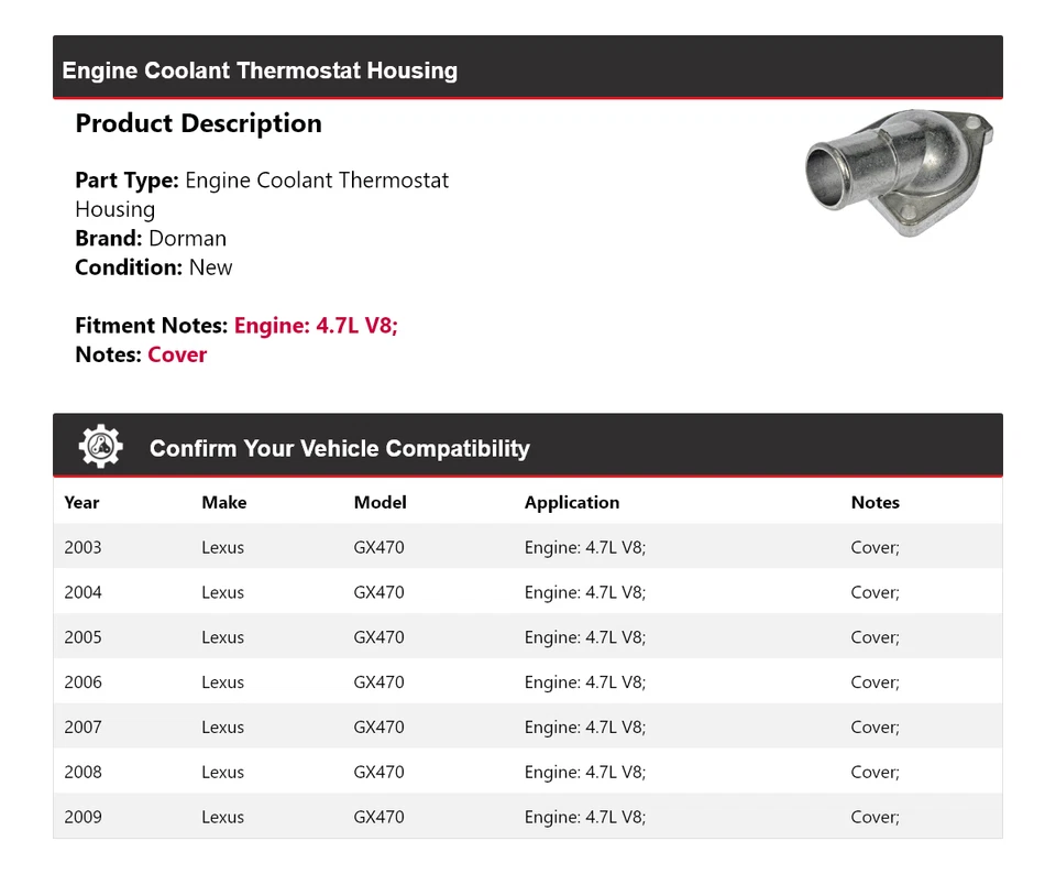 For 2003-2009 Lexus GX470 4.7L V8 Dorman Engine Coolant Thermostat Housing 2004 - Image 2 of 4