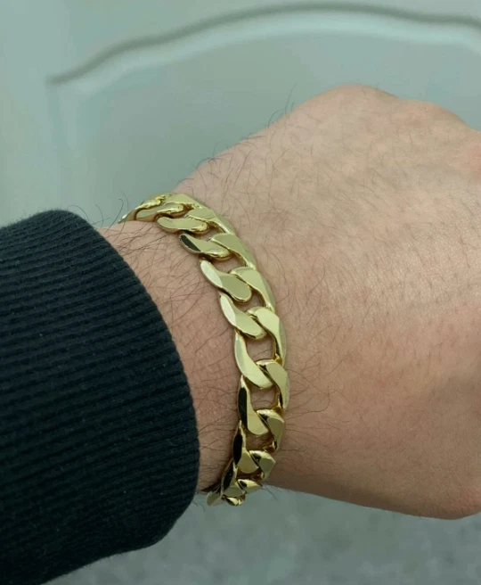 Brazalete de cadena Figaro enchapado en oro de 14K grueso hip hop para hombre joyería de muñeca de alta resistencia Foto 2 de 4