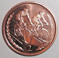 1997 Isle of Man Coin 2 pence Two Bicyclists Racing