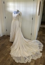 Vintage 1960  s Victorian Style White Wedding Dress Hat Chiffon And Lace Fits XS