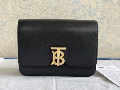 NWT Burberry Small TB Bag Black Grainy Leather Crossbody Shoulder Bag 8019338