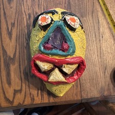 Vintage Paper Mache Folk Art Mask Crackle Large Hanging