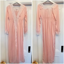 VINTAGE ERICA LOREN NYLON LONGSLEEVE NIGHT GOWN PINK WHITE LACE SMALL