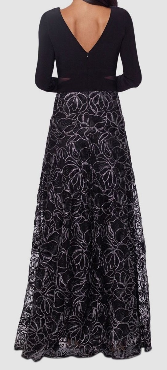 Xscape Women's Black Long Sleeve Brocade Skirt Gown Dress Size 12