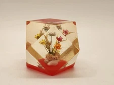 Vintage Geometric Lucite Paperweight with Dry Colorful Flower