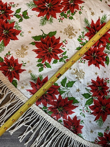 Vintage Christmas Poinsettia Holly Tablecloth 1960s Round Vinyl with Fringe 52” - Picture 7 of 7