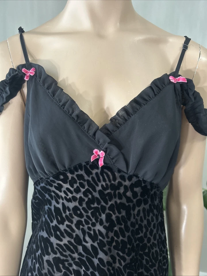 Betsey Johnson Intimates Black Sheer Velvet Leopard Print Babydoll Lingerie Y2K - Image 2 of 4