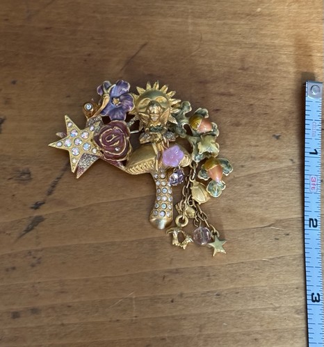 Vintage Kirks Folly Fairy Sun Mushroom Brooch Gold Tone Whimsical Colors Signed