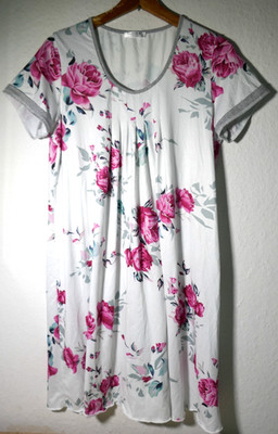  EKOUAER WEIßES PINKE BLUMEN GEMUSTERTES KURZARM NACHTHEMD GRÖßE M  98%RAYON