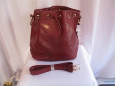 J Francis Bucket Bag Womens Large Burgundy Faux Leather Drawstring Purse Satchel