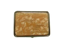 Vintage Peach Pill Box metal Compact Case Holder Mother of Pearl antique