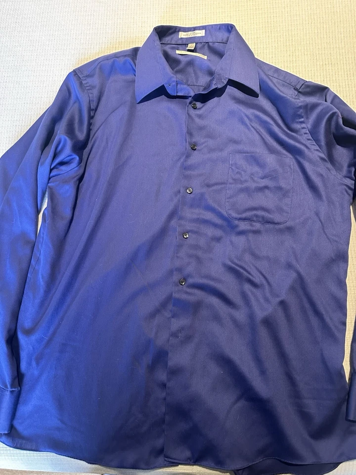 Geoffrey Beene Wrinkle Free Dress Shirt size 17 36/37 Fitted Blue Sateen - Image 3 of 4