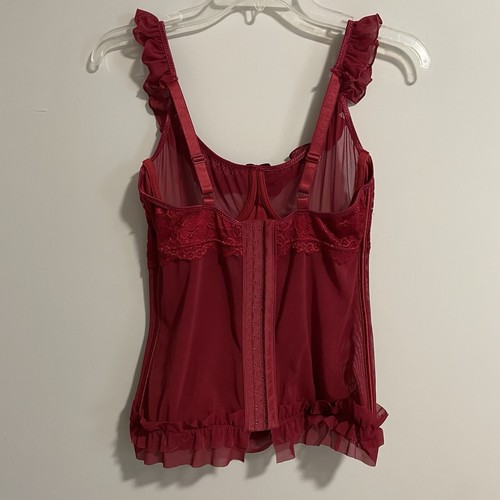 Coquette Ruffle Bustier Lingerie Underwire Boning Mesh Lace Sexy Red Size Medium - Picture 3 of 6
