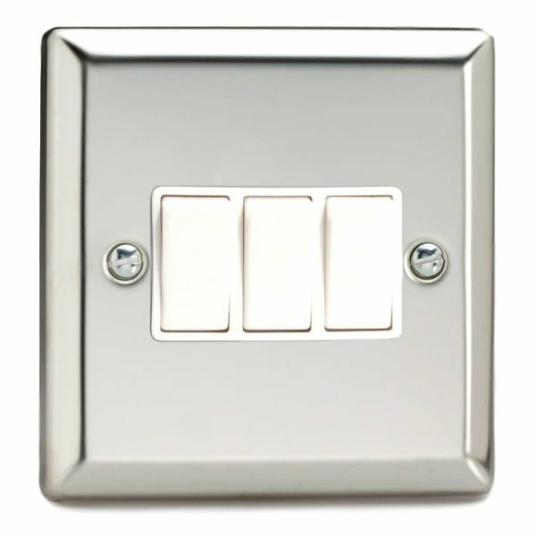 Varilight XC3W Light Switch 3 Gang 2 Way 10 Amp Mirror Chrome (White Inserts)