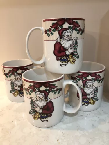 Fitz and Floyd Santa's List Vintage Stoneware Set of 4 Mugs Original Box