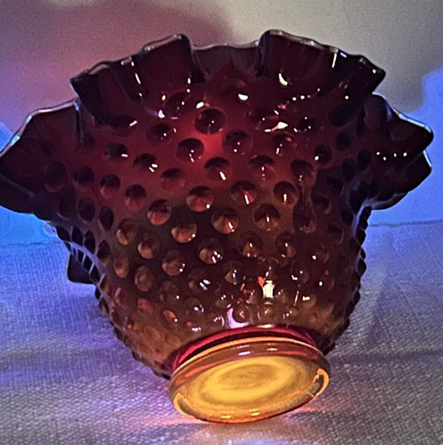 Fenton Amberina Ruby Red Hobnail Rose Bowl Vase Crimped Ruffled 4” UV Reactive - Picture 10 of 18