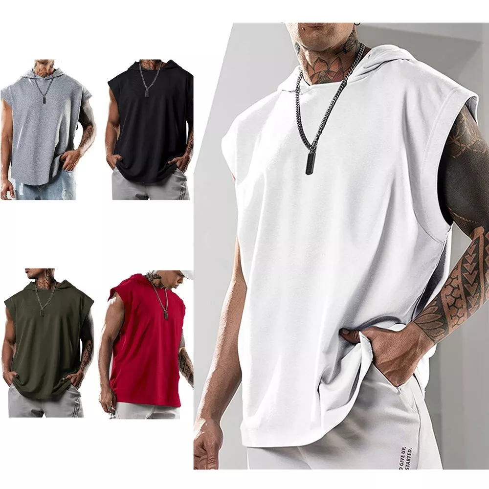 Mens Sleeveless Hooded Tank Top Sweatshirt Athletic Workout