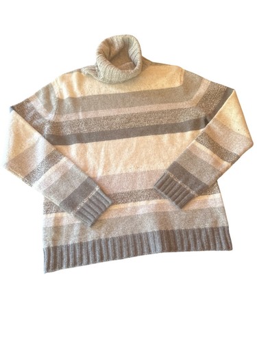 Mariele Waithe By Forte 100% Cashmere Striped Turtleneck Sweater Gray & Beige M - 第 1/4 張圖片
