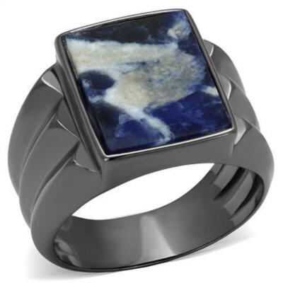 Mens Gray Rings Stainless Steel Sodalite in Capri Blue Anillo Gris Azul Compromi