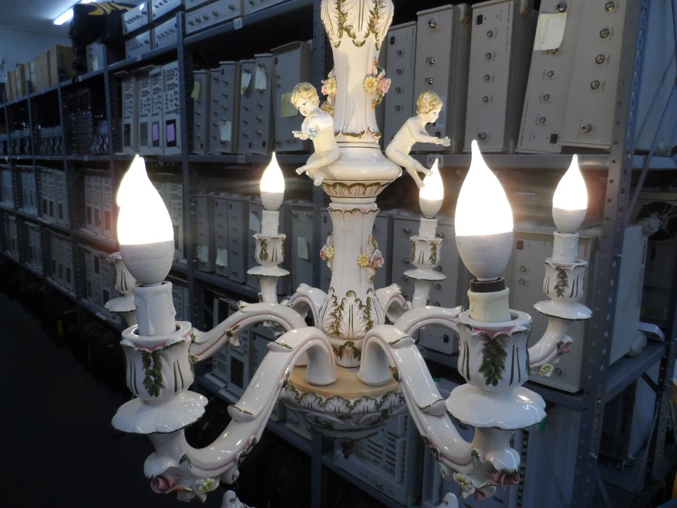 Vtg/Antique SMALL Italian White Gilded Chandelier Murano Style | Made Ceramic - Image 2 of 4