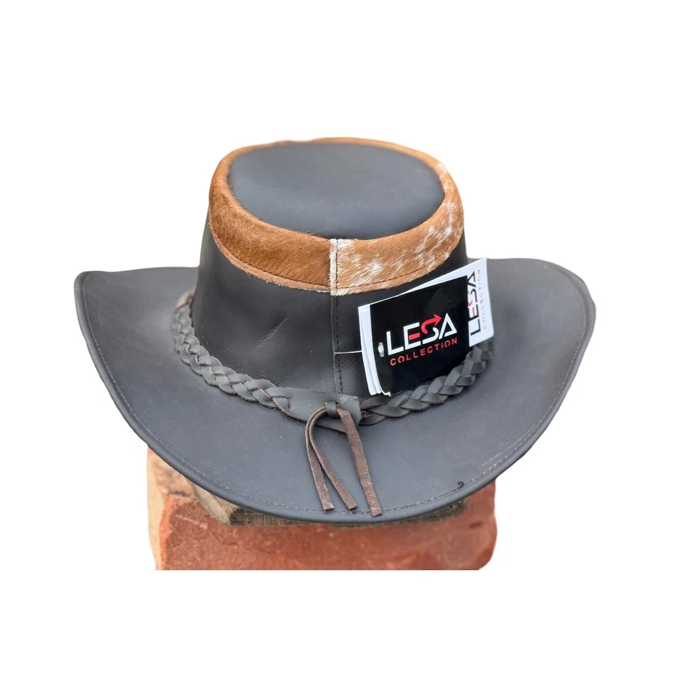 Sombrero de Vaquero Premium Negro Piel de Vaca - Unisex Estilo Occidental con Banda Trenzada Foto 2 de 4