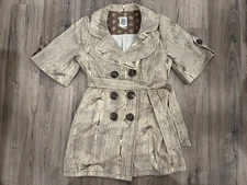 EUC Ivy Jane Women’s Small Striped Pea Coat Double Breasted Belted Brown Tan