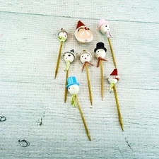 Vintage 7pc Cotton Spun Head Snowman & Stocking Hat Picks w/a Plastic Santa Head