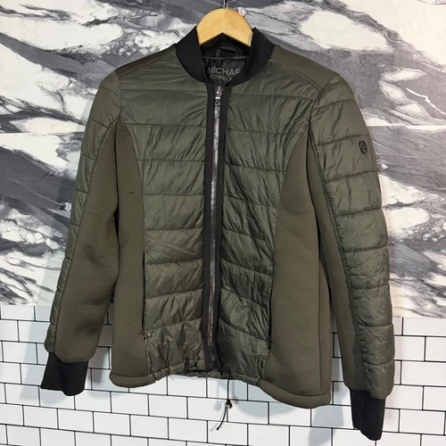 Michael Kors Mixed Media Bomber Jacket Mens M Army Green Quilted Scuba Zip - product listing photo