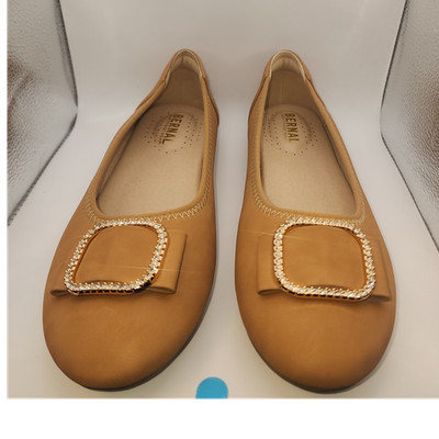 Bernal Tan Ballet Flats with Bow and Rhinestone Buckle, Round Toe, Comfort