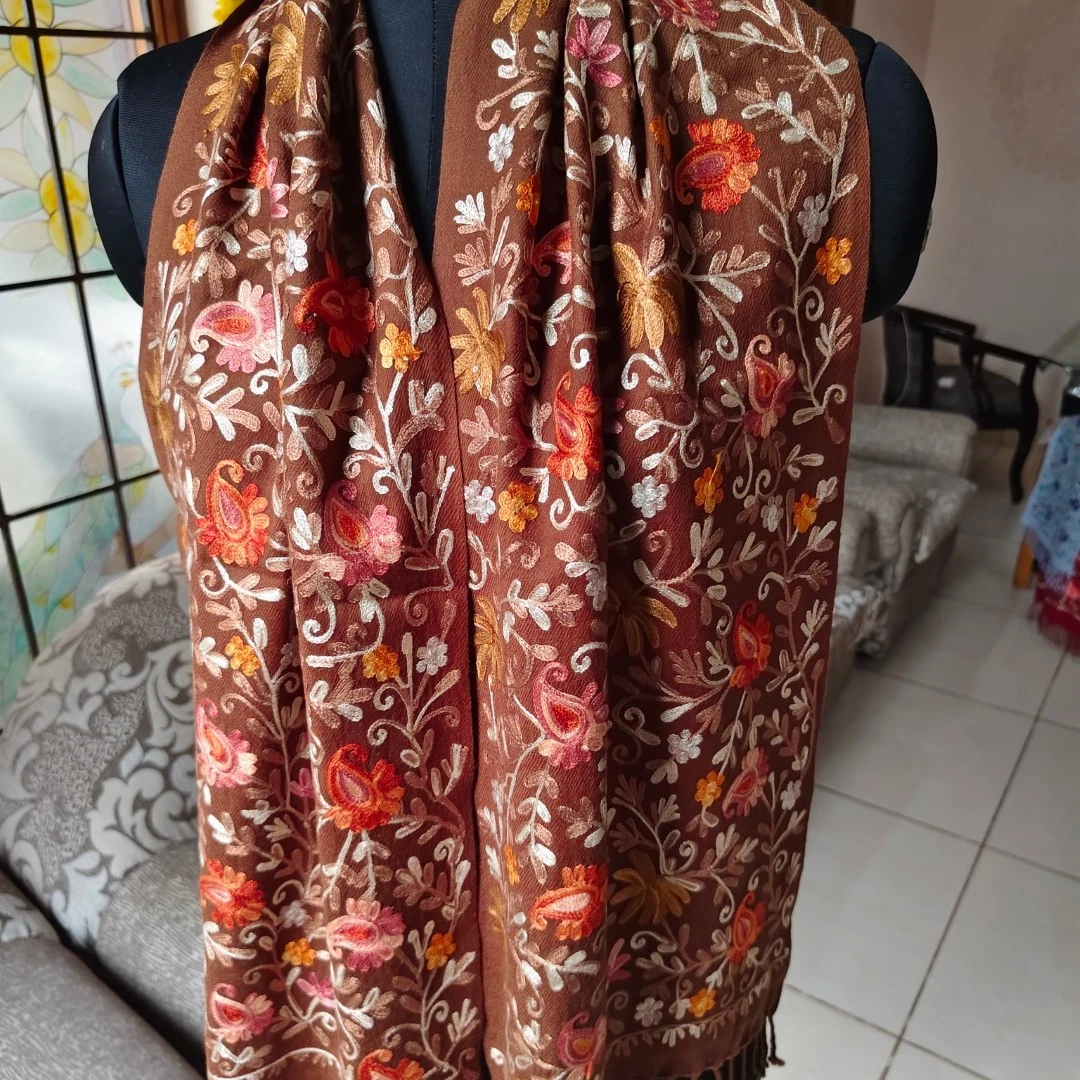 BROWN CREWEL EMBROIDERED 100% CASHMERE PASHMINA ECHARPE BRODE: 9 DESIGNS CHOICE