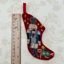 Tiny Christmas Needlepoint Stocking Ornament Mini Nutcracker Presents Vintage