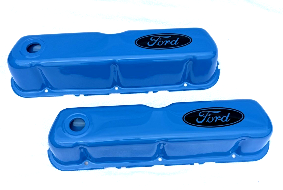 BLUE Ford Valve Covers BLACK FORD LOGO SBF 289 302 351w PAIR