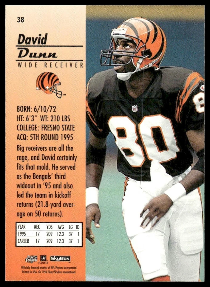 1996 SkyBox Premium #38 David Dunn Cincinnati Bengals - Image 2 of 2