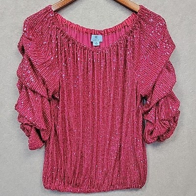 CeCe Womens Size Medium Pink Sequins Top Blouse Ruched 3/4 Sleeves Elastic Waist