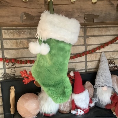 1 Tom s Toy Lime Green White Fluffy Plush Santa Hat Christmas Stocking Pom poms