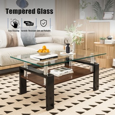 Modern Rectangular Tempered Glass Coffee Table – White, With Storage, 220lb Capacity