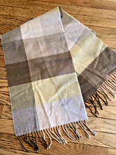 SCOTLAND CASHMERE FRINGED PLAID SCARF*Pale Yellow/Camel*64” Long